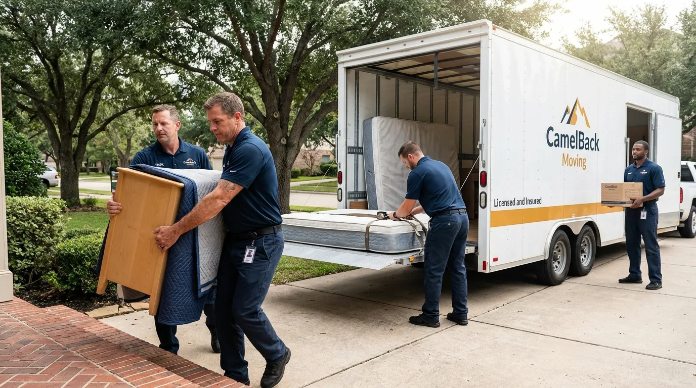 Crew loading residential truck for cross-state move from Berry Creek, CA