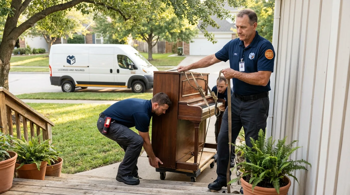 Licensed piano movers securing grand piano in Berry Creek, CA