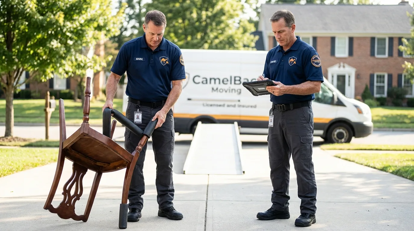 Movers inspecting furniture for damage prevention before loading in Berry Creek, CA