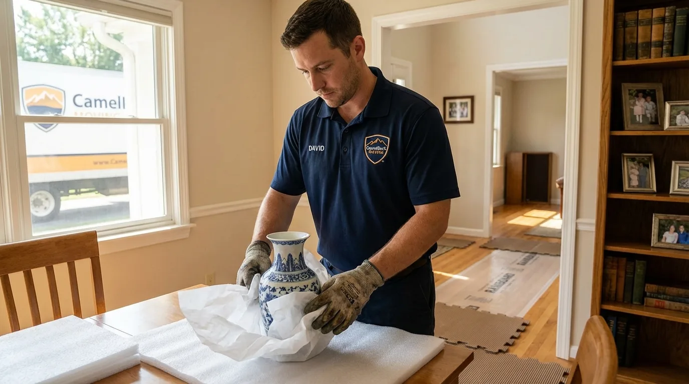 Professional crew carefully wrapping antique vase for senior downsizing move in Berry Creek, CA
